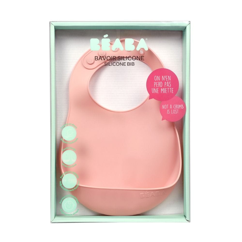 Beaba Silicone Bib 4+ Months, Soft And Lightweight Silicone, Curved Shape, Adjustable Neck Closure, Food Catching Pocket, BPA-Free, Easy To Clean - Old Pink