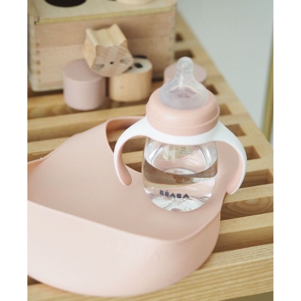 Beaba Silicone Bib 4+ Months, Soft And Lightweight Silicone, Curved Shape, Adjustable Neck Closure, Food Catching Pocket, BPA-Free, Easy To Clean - Old Pink