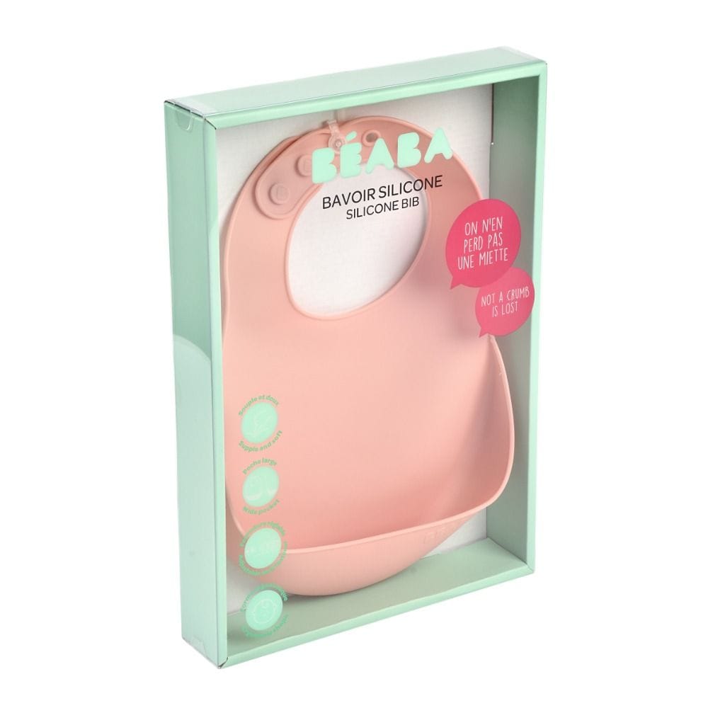 Beaba Silicone Bib 4+ Months, Soft And Lightweight Silicone, Curved Shape, Adjustable Neck Closure, Food Catching Pocket, BPA-Free, Easy To Clean - Old Pink