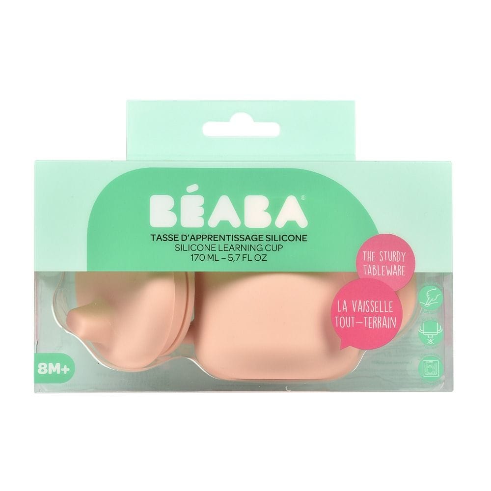 Beaba Silicone Learning Cup 8+ Months, Cup Volume 170ml, 100% Silicone, Large Handles, Easy To Hold, Ergonomic Handles, Removable Lid, Soft Spout - Pink
