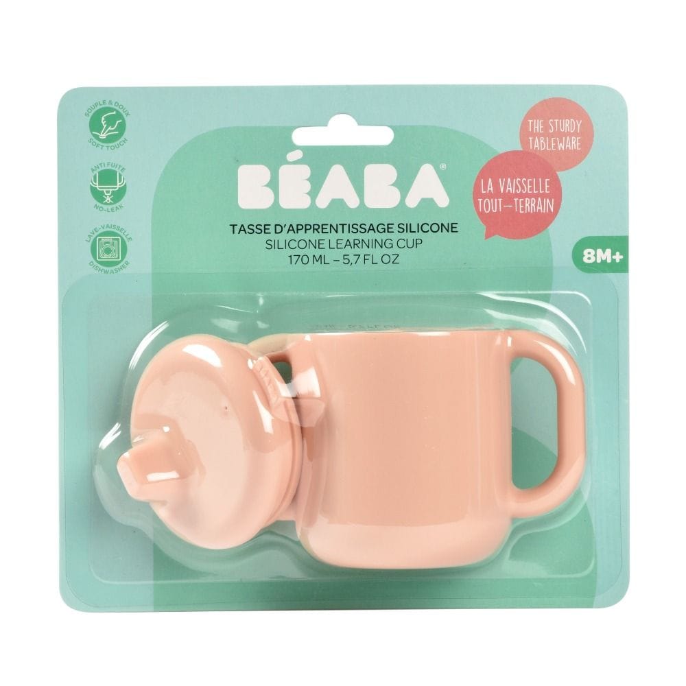 Beaba Silicone Learning Cup 8+ Months, Cup Volume 170ml, 100% Silicone, Large Handles, Easy To Hold, Ergonomic Handles, Removable Lid, Soft Spout - Pink