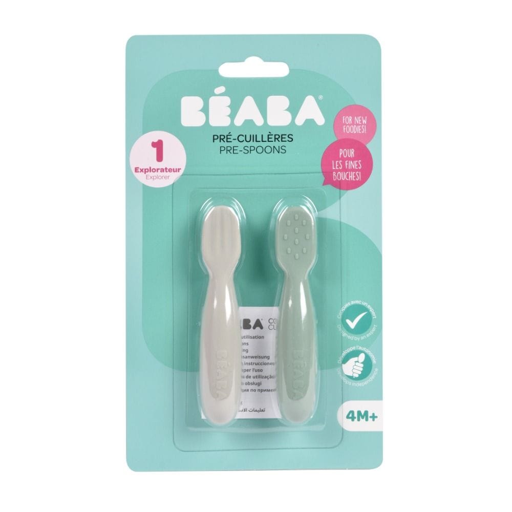 Beaba Silicone Pre-Spoons 4+ Months Set of 2, Grip Optimization, Gentle On Gums, Round Ergonomic Handle - Sage Green/Velvet Gray