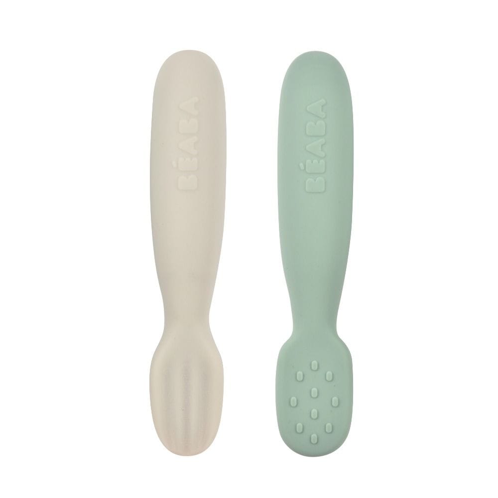 Beaba Silicone Pre-Spoons 4+ Months Set of 2, Grip Optimization, Gentle On Gums, Round Ergonomic Handle - Sage Green/Velvet Gray