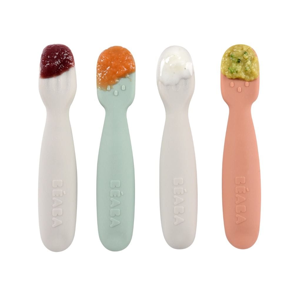Beaba Silicone Pre-Spoons 4+ Months Set of 2, Grip Optimization, Gentle On Gums, Round Ergonomic Handle - Sage Green/Velvet Gray