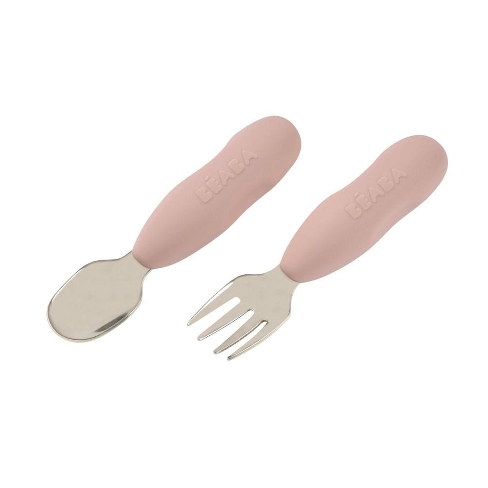 Beaba Stainless Steel Pre-Cutlery Fork And Spoon Set of 2, Short Handle With Rounded Lines, Symmetrical Shape, Shallow Spoon - Cotton Candy