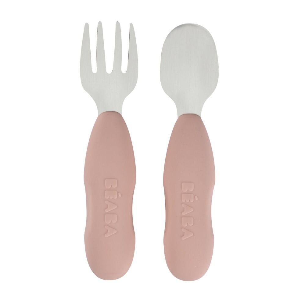 Beaba Stainless Steel Pre-Cutlery Fork And Spoon Set of 2, Short Handle With Rounded Lines, Symmetrical Shape, Shallow Spoon - Cotton Candy