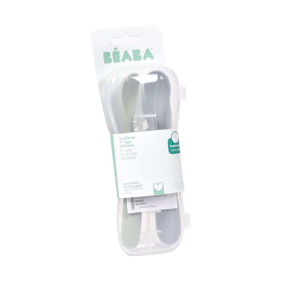 Beaba First Age Silicone Spoons + Carrying Case 4+ Months, Ultra-Soft Silicone Tip, Long Handle For Easy Feeding - Pebble/Green of Gray
