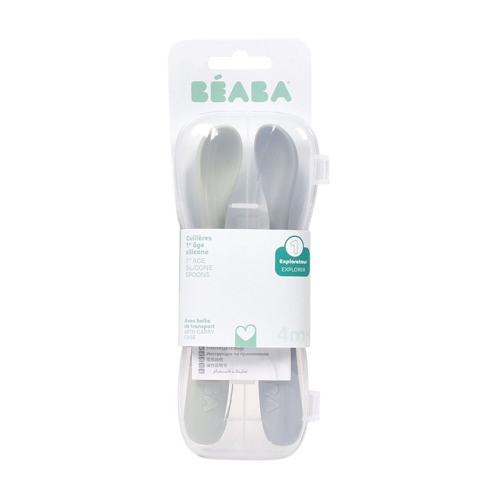 Beaba First Age Silicone Spoons + Carrying Case 4+ Months, Ultra-Soft Silicone Tip, Long Handle For Easy Feeding - Pebble/Green of Gray