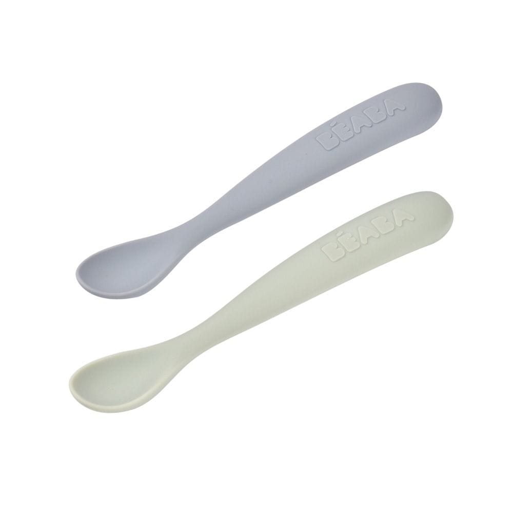 Beaba First Age Silicone Spoons + Carrying Case 4+ Months, Ultra-Soft Silicone Tip, Long Handle For Easy Feeding - Pebble/Green of Gray