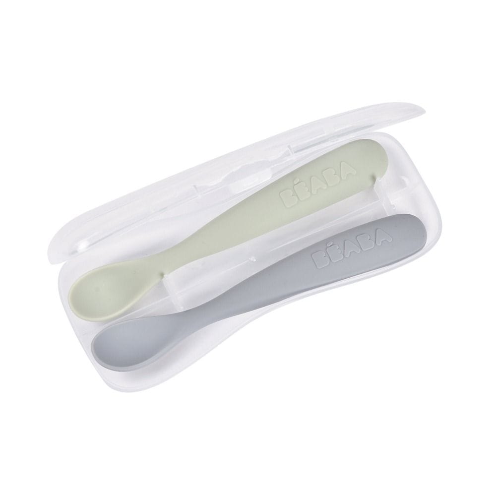 Beaba First Age Silicone Spoons + Carrying Case 4+ Months, Ultra-Soft Silicone Tip, Long Handle For Easy Feeding - Pebble/Green of Gray