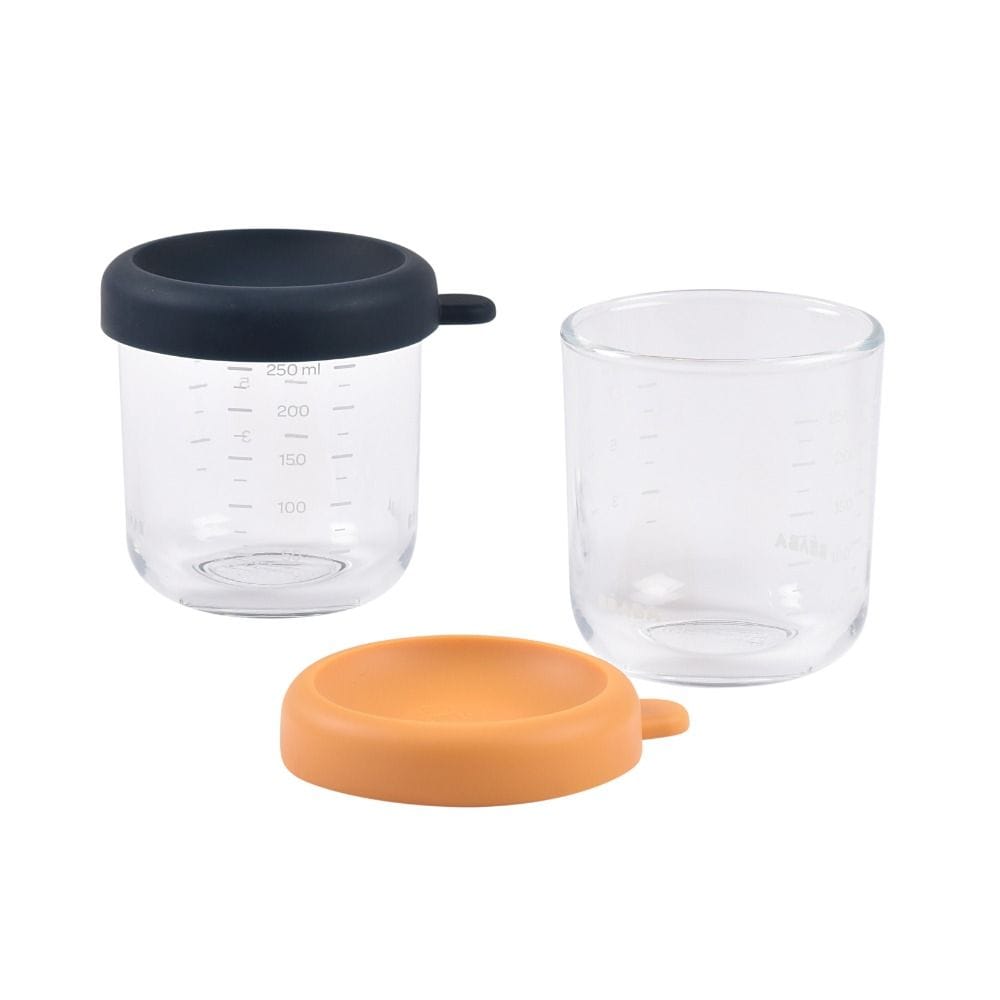 Beaba Glass Conservation Jars With Closure Set 250ml 2 Pieces, Heat And Cold Resistant, Easy Clip Soft Lid - Night Blue/Honey