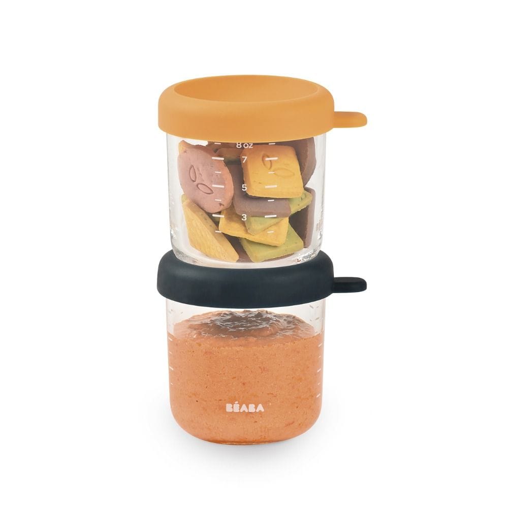 Beaba Glass Conservation Jars With Closure Set 250ml 2 Pieces, Heat And Cold Resistant, Easy Clip Soft Lid - Night Blue/Honey