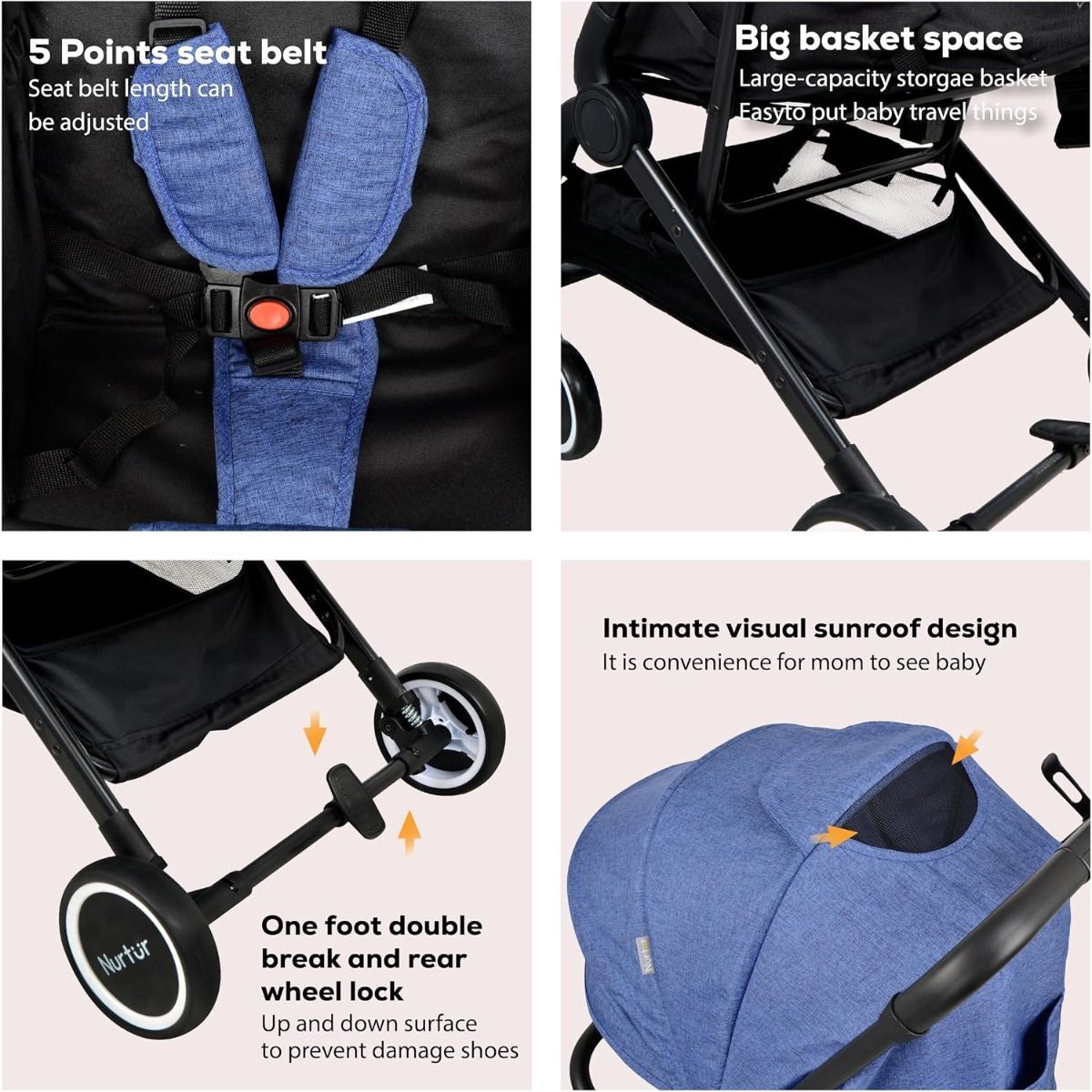 Nurtur Bravo Travel Stroller - Compact Foldable Baby Pushchair, 5-Point Harness, Reclining Seat, 0-36 months|Blue 