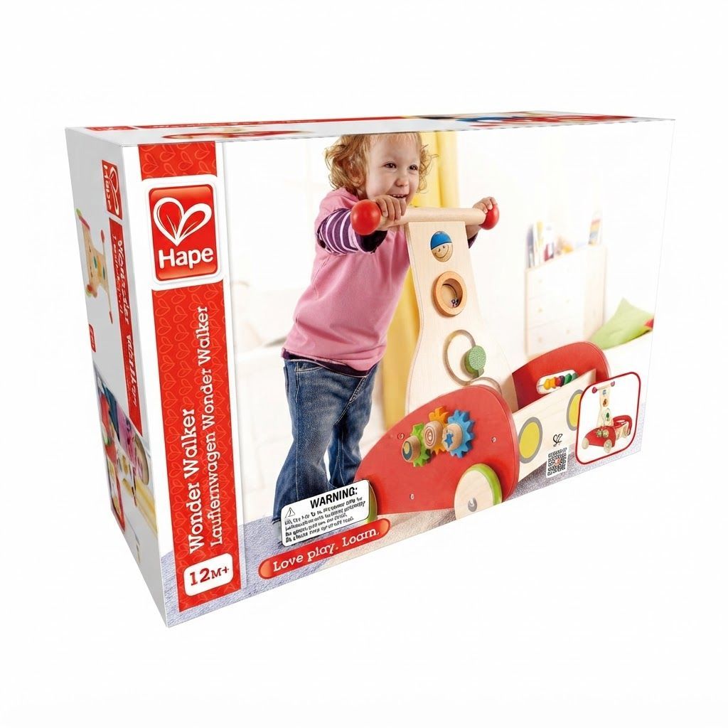 Hape Wonder Walker Wooden Toddler Push and Pull Activity Toy - Rolling Baby Walker with Gears, Red