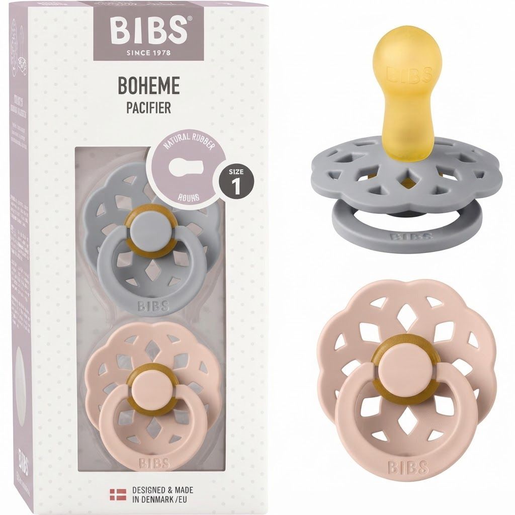 BIBS Boheme Pacifiers Size 1 0+ Months 2 Pack, Natural Rubber Latex Nipple, Seamless Feeding Transition, Gentle Shield Design - Cloud/Blush