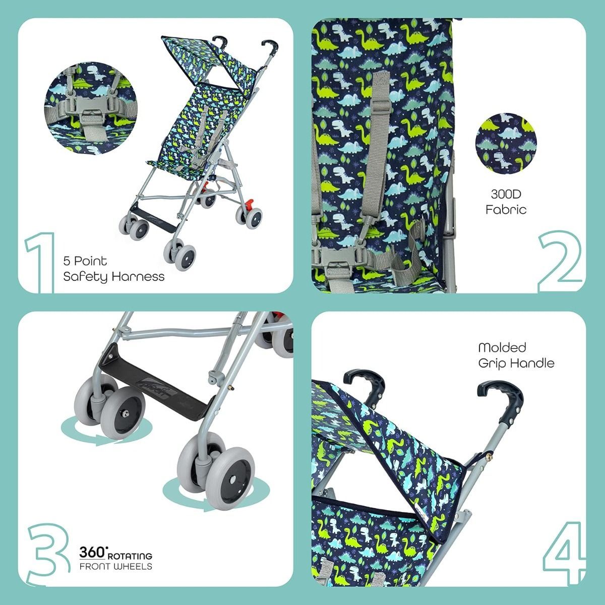 The Moon Jet Ultra Lightweight Baby Stroller - Compact Travel Pram for Toddlers 6m-3yrs, Dino 5-Point Adjustable