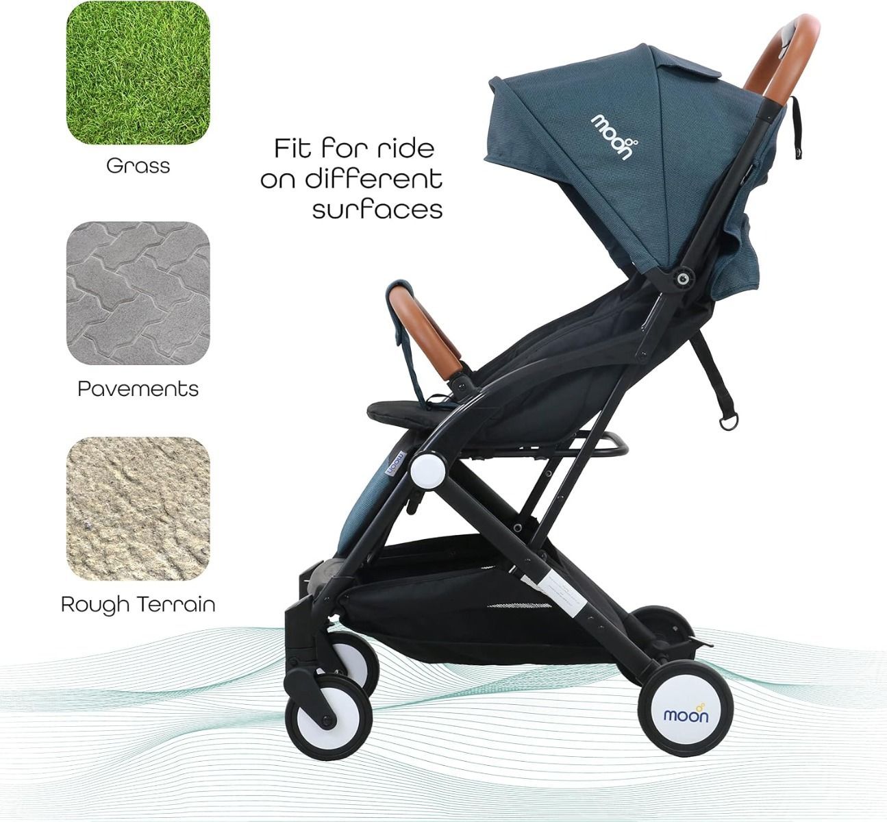 The Moon Brand Ritzi Lightweight Travel Stroller, Compact Cabin Foldable Pushchair with Reclining, Up to 18 kg, 0 Months+, 5-Point Safety Belt | Black/Blue 