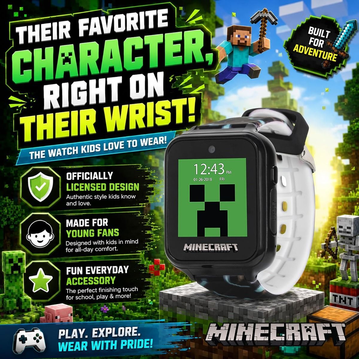 Minecraft Interactive Kids Smart Watch – Touchscreen with 6 Games, Selfie & Video Camera, Step/Activity Tracker, Alarm & Timer, 10 Watch Faces