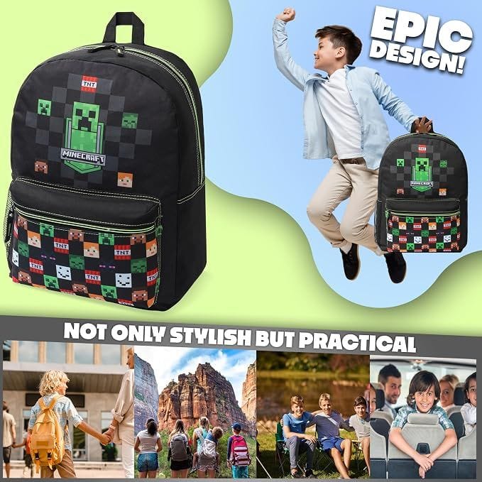 Minecraft School Backpack for Boys & Girls, Kids Backpack, Lightweight Gaming-Themed School Bag