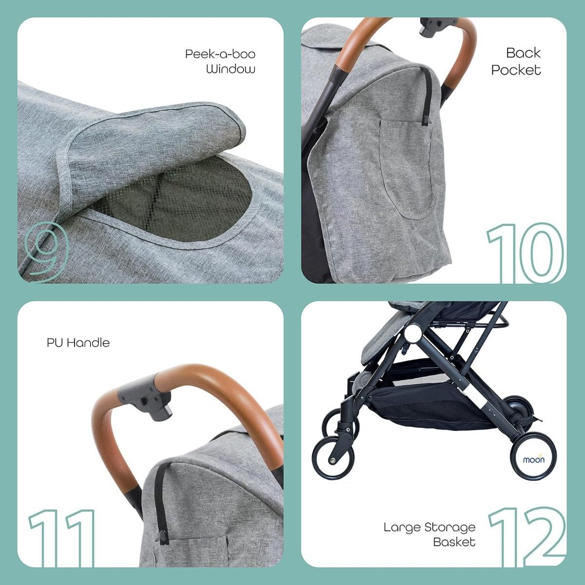 The Moon Brand Ritzi Cabin Stroller, Ultra Lightweight Travel Baby Pushchair Compact Fold Birth to 3 Years, 5-Point Safety Harness | Black and Grey 