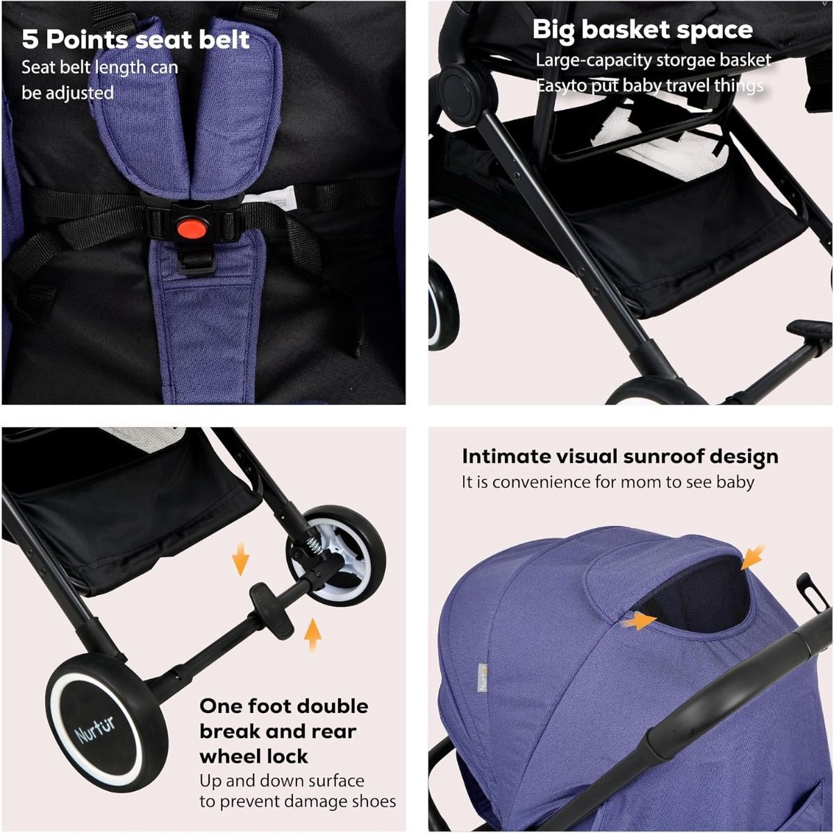 Nurtur Bravo Lightweight Travel Stroller - Compact Foldable Baby Stroller for Infants to 0-36 months | Sky Blue