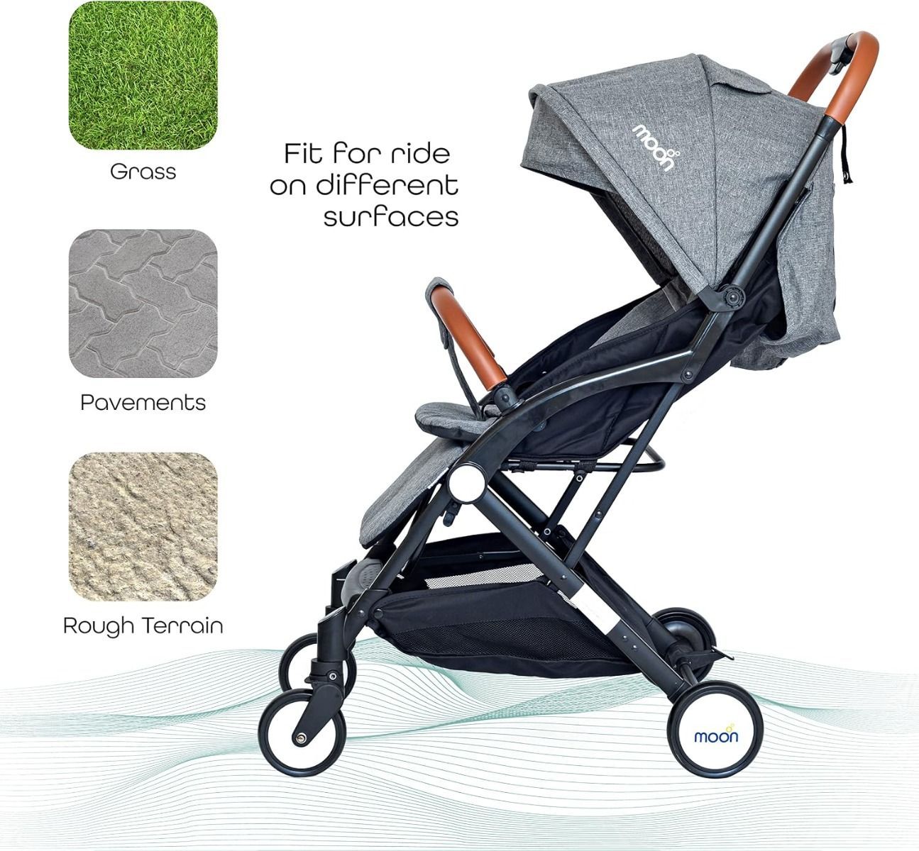 The Moon Brand Ritzi Cabin Stroller, Ultra Lightweight Travel Baby Pushchair Compact Fold Birth to 3 Years, 5-Point Safety Harness | Black and Grey 