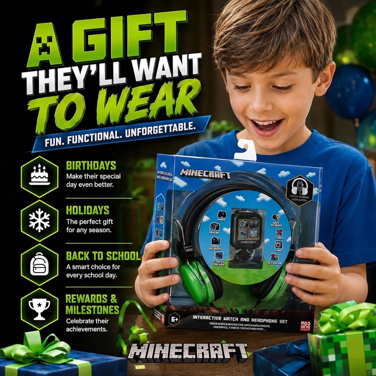 Minecraft Interactive Kids Smart Watch – Touchscreen with 6 Games, Selfie & Video Camera, Step/Activity Tracker, Alarm & Timer, 10 Watch Faces