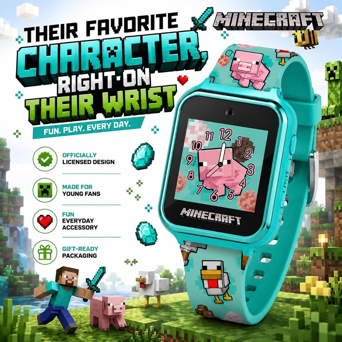 Minecraft Kids Smartwatch – Interactive Touchscreen Watch with Selfie & Video Camera, 6 Games, Step Counter, Voice Recorder, Alarm & Timer