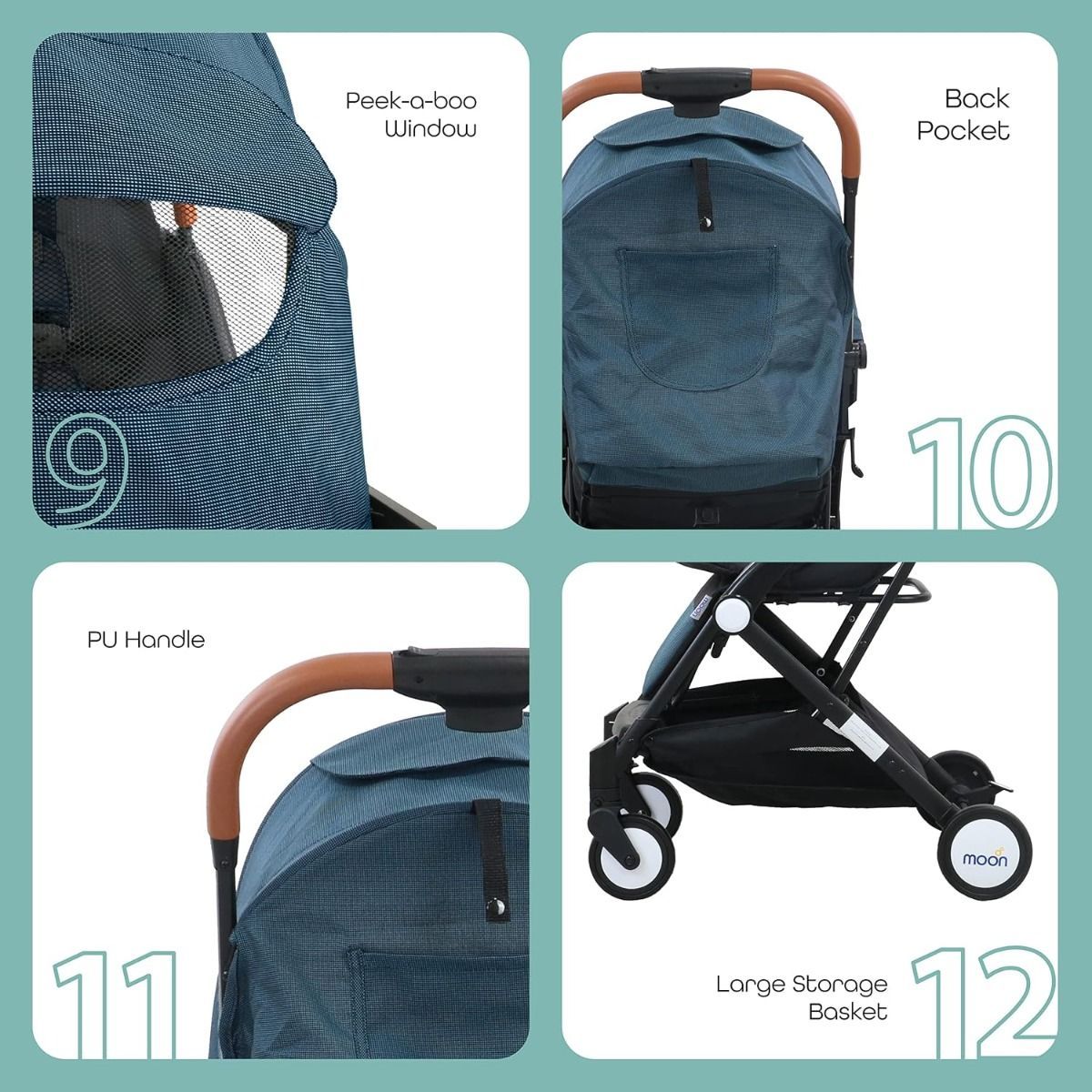 The Moon Brand Ritzi Lightweight Travel Stroller, Compact Cabin Foldable Pushchair with Reclining, Up to 18 kg, 0 Months+, 5-Point Safety Belt | Black/Blue 