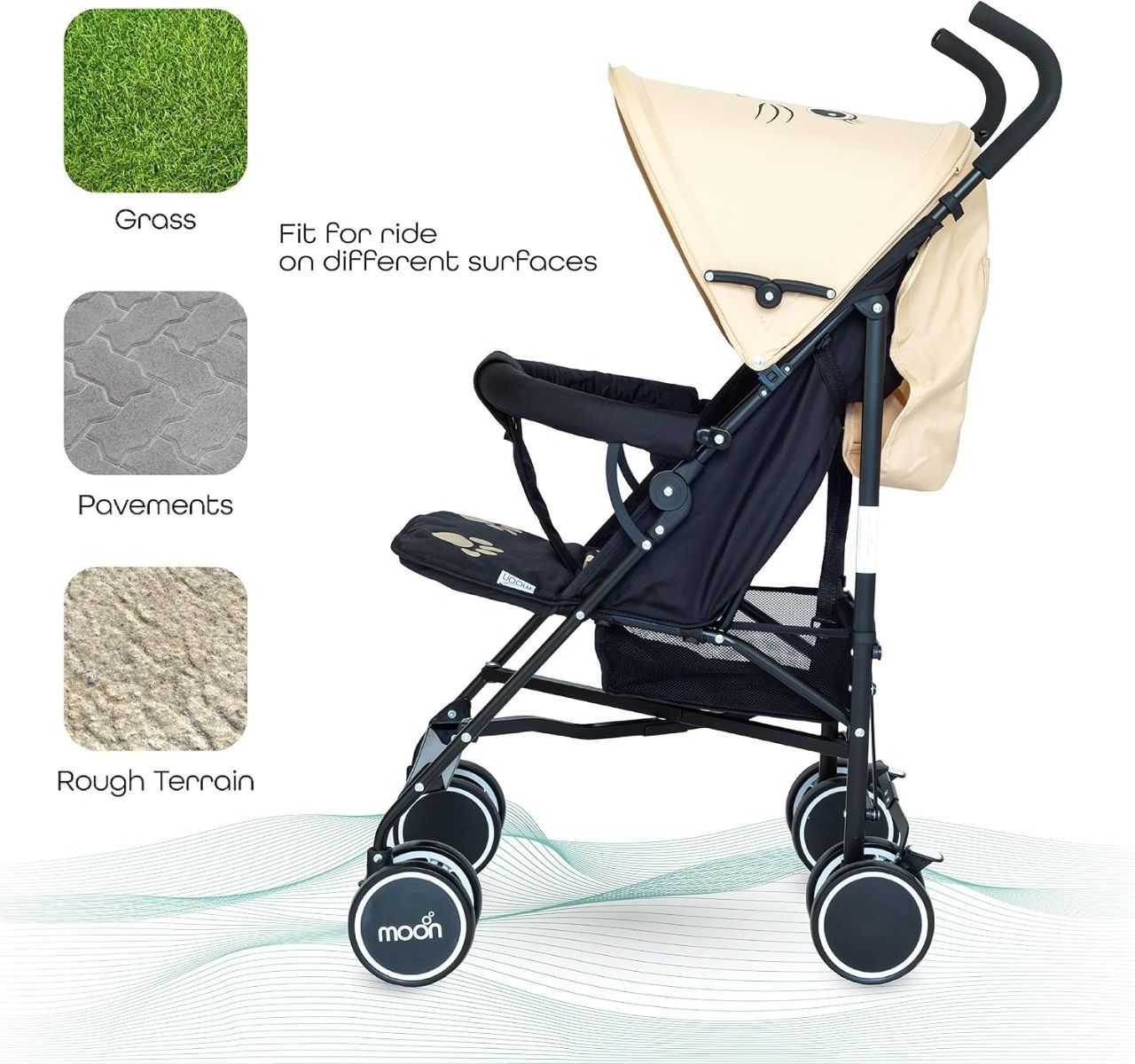 The Moon Brand Safari Cat Umbrella Stroller Compact Lightweight Travel Stroller for Babies 0-36 15 kg, 5-Point Safety Belt, Umbrella Fold