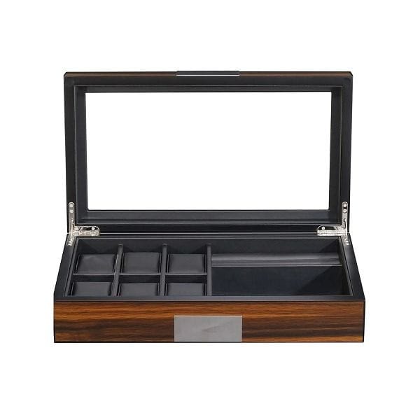 Luxury Signature Wooden Watch & Jewelry Box, 6 Slot Watch Organizer with Cufflink & Jewellery Compartments, Ebony Finish Material