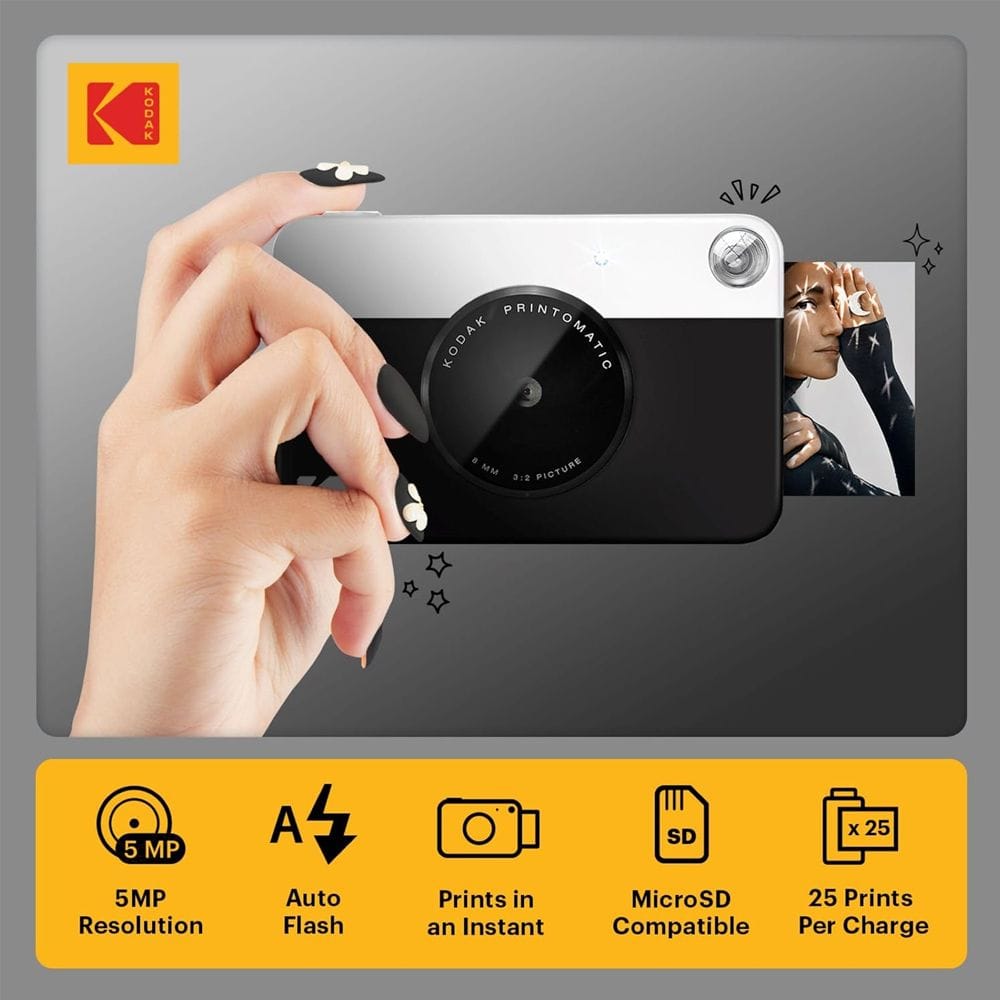 Kodak Printomatic Instant Print Camera, 5MP Sensor, Wide-Angle f/2 Lens, Instant 2x3-Inch ZINK Photo Printing, Auto Flash & MicroSD Support | Black - 840102197754
