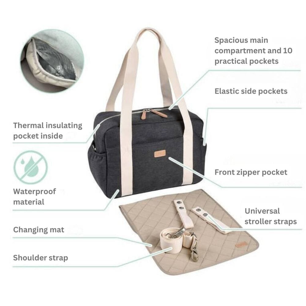 Beaba Paris Changing Bag, Facilitates Storage And Organisation, Built-in Pram Attachment System, Strap And Cotton Shoulder Handle - Light Mist