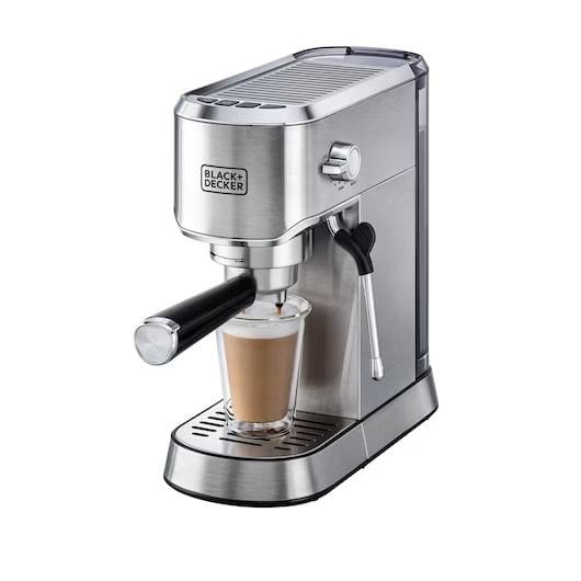 Black + Decker Espresso Coffee Machine - 1450W, 15-Bar Pressure, Milk Frother, Thermoblock Heating, 1.0L Tank | Silver | ECM150-B5