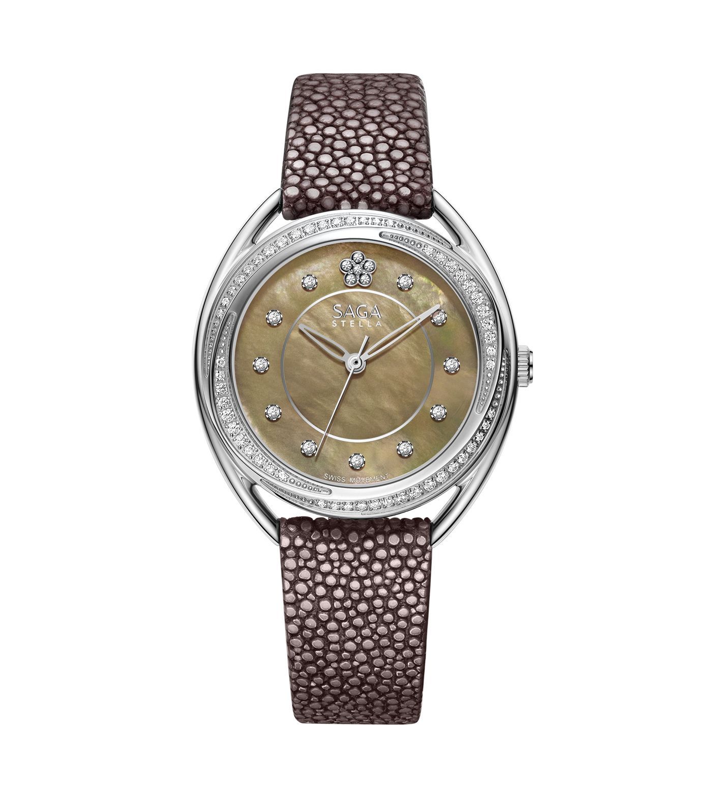 Saga Women Watch, 35mm Stainless Steel Case, Swiss Ronda 763 Quartz Movement, Genuine Stingray Leather Strap, Elegant Analog Wristwatch