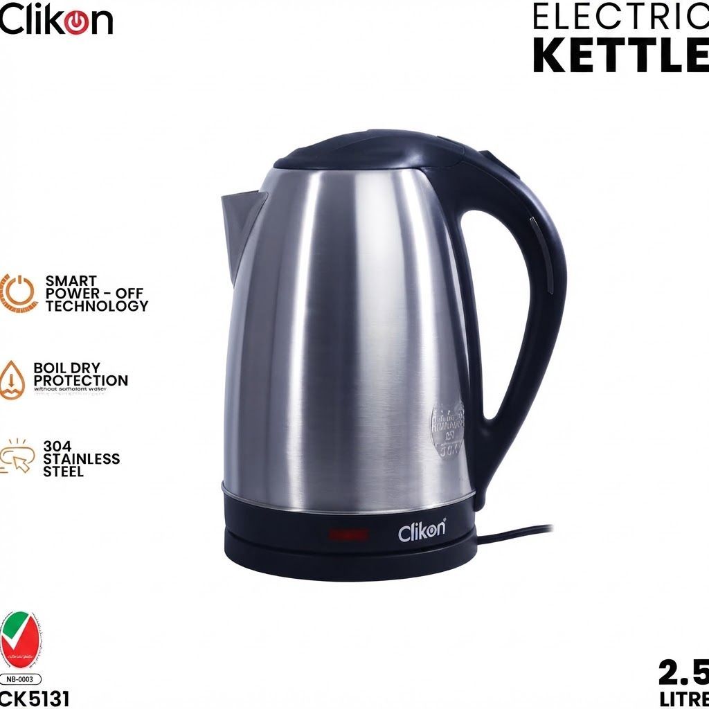 Clikon Stainless Steel Electric Kettle, 2.5L Capacity, 1500W, 360° Swivel Base, Auto Shut-Off, LED Indicator | Silver - CK5131