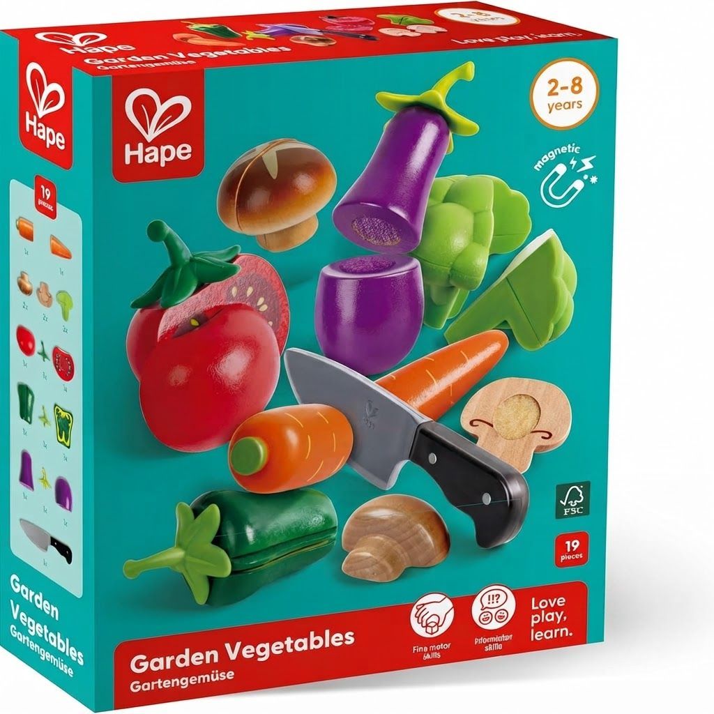 Hape Garden Vegetables Wooden Play Food Set for Kids - Educational Kitchen Toy with Cutting Knife