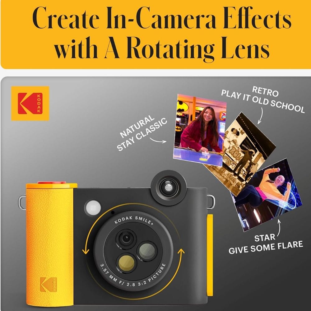 Kodak Smile+ Instant Print Digital Camera, Effect-Changing Lens, 2x3-Inch ZINK Photo Printing, Bluetooth Connectivity & microSD Storage | Black - 843812173056