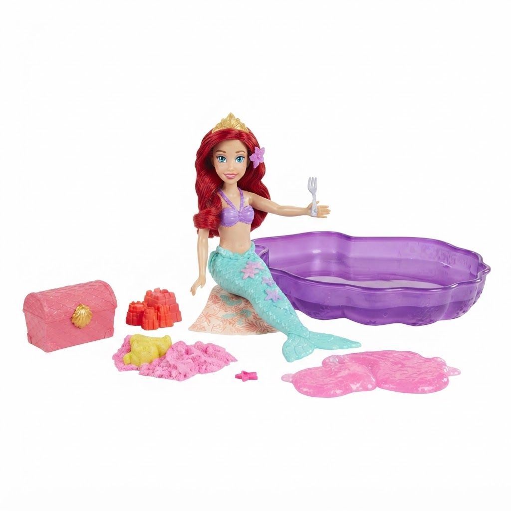 Mattel Disney Princess Ariel Mermaid Doll & Pool Playset, Moldable Sand, 3 Sand Molds, Beach Accessories & Doll