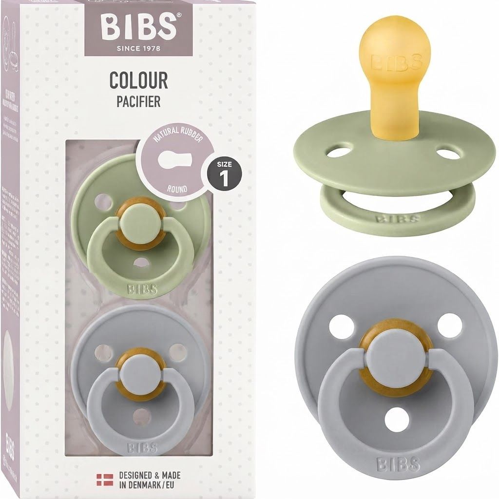 BIBS Latex Round Pacifier 0-6 Months Size 1 2 Pack, Vents For Air Circulation, Round Nipple Shape, Lightweight And Timeless Design - Sage/Cloud