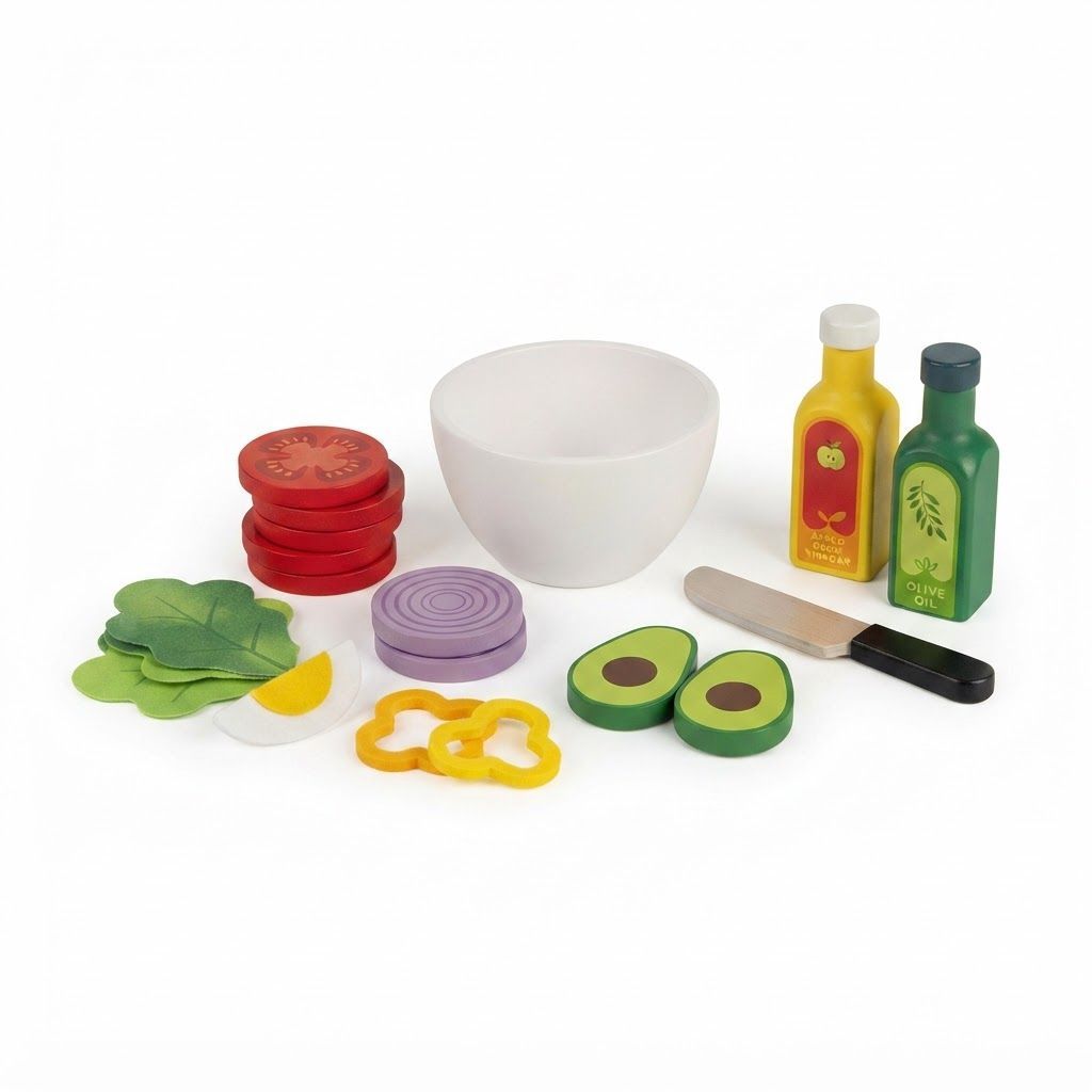 Hape Healthy Salad Playset - 39-Piece Wooden Pretend Food Kitchen Toy with Cutting Vegetables