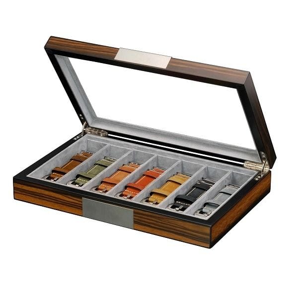 Luxury Signature Wooden Watch Strap Storage Box, 7 Slot Watch Band Organizer, Ebony Matte Finish with Grey Velvet Lining