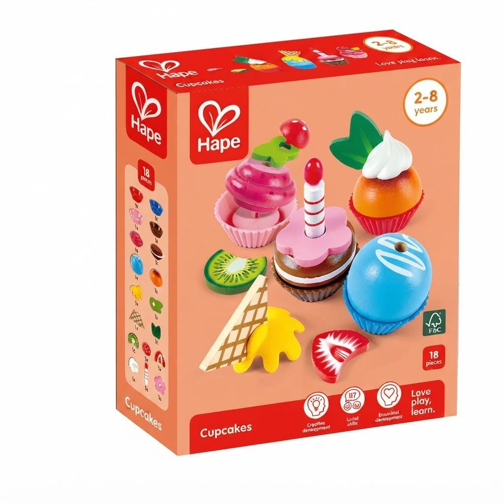 Hape Wooden Cupcake Set - 18-Piece Pretend Play Food Kitchen Toy with Colorful Toppings & Fruits