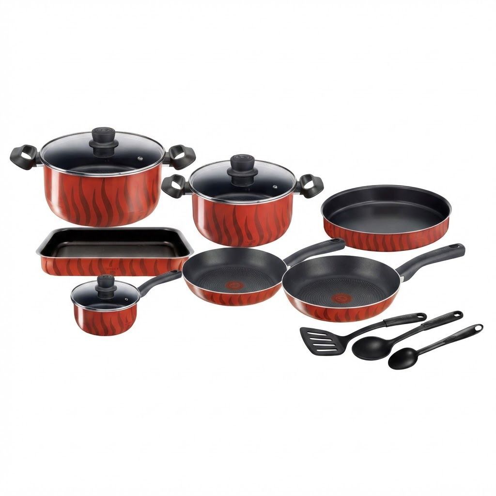 Tefal G6 Tempo Flame 14-Piece Cookware Set - Non-Stick Aluminium, Thermo-Signal Technology, Even Heat Distribution, Dishwasher Compatible | Red - C3079383