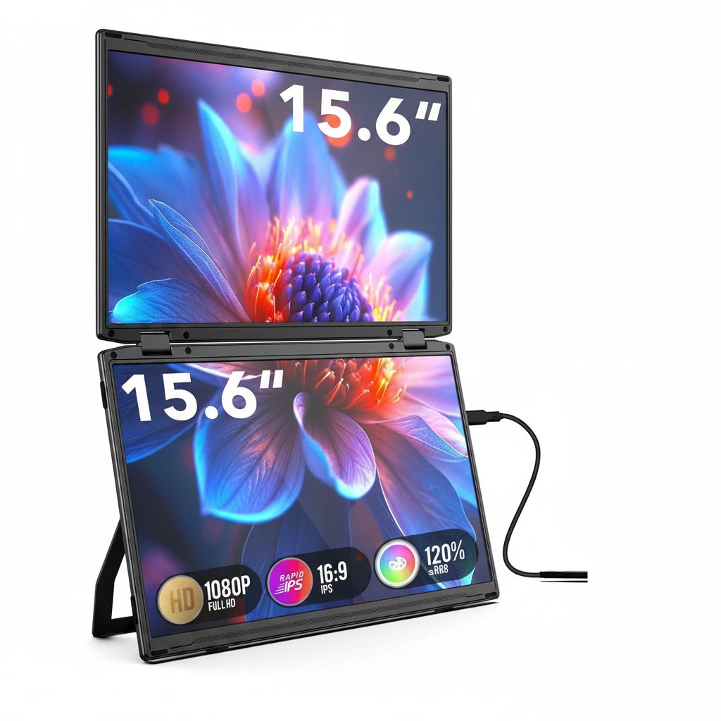 V2COM Dualsee Portable Dual-Screen Monitor Extender 15.6 FHD IPS Folding Triple Display Plug & Play VESA Mount 330 Adjustable HDMI Type-C Built-in Speakers - Black