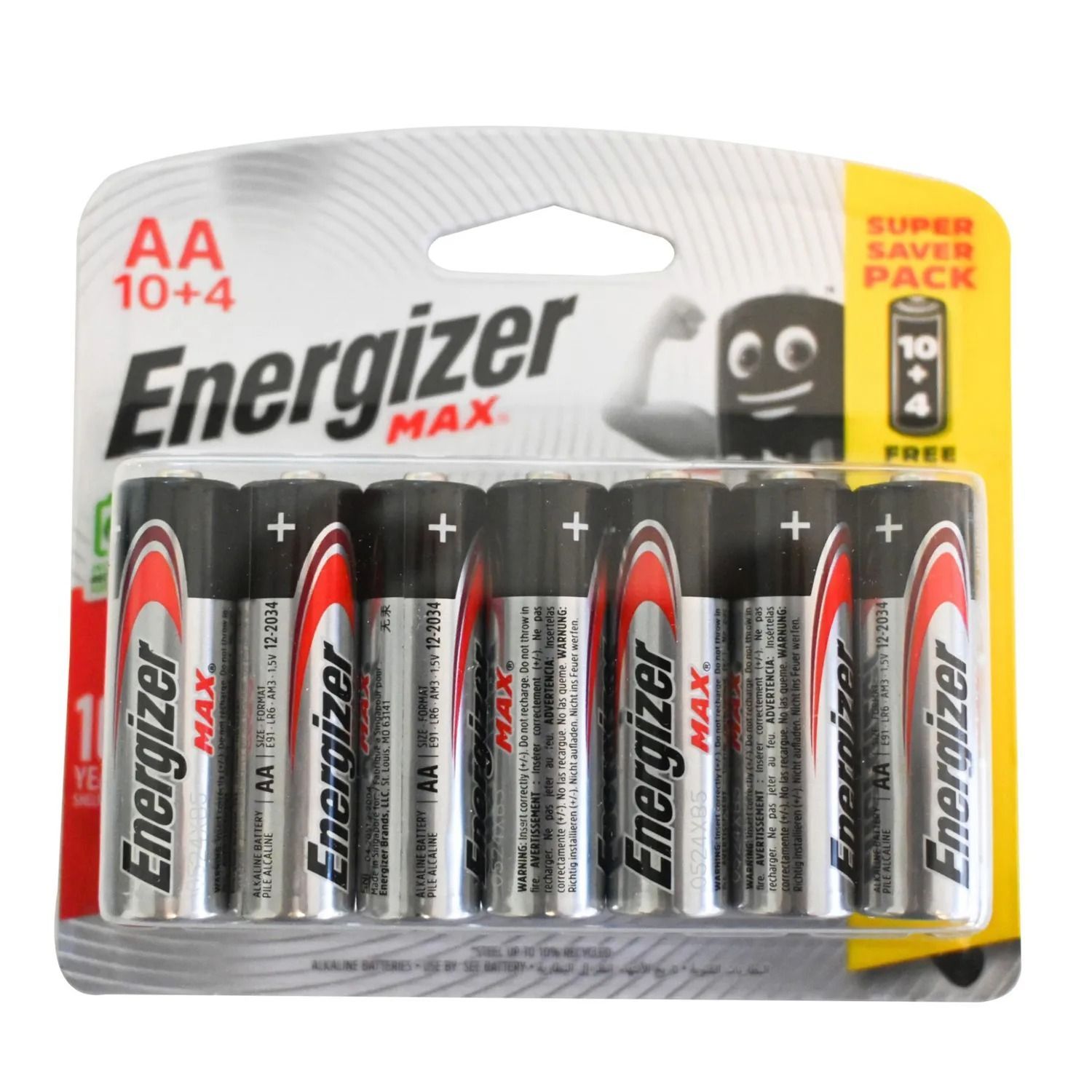 Energizer Max Alkaline AA Batteries Bonus Pack (10+4 Free), Long-Lasting Power, Leak Protection