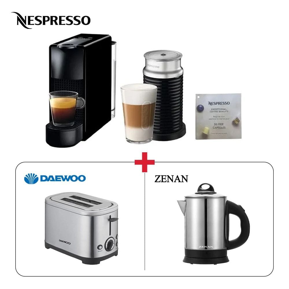 Nespresso Mini Essenza Coffee Machine Black + Daewoo 2-Slice Cool Touch Toaster + Zenan Electric Kettle 1.8L Black Bundle (603001000008793 + 603001000003514 + 603001000008798)