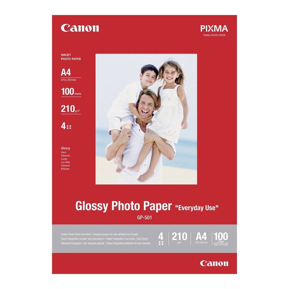Canon GP-501 A4 Glossy Photo Paper, 100 Sheets, Instant-Dry Ink Absorption, 210gsm Premium Finish & Inkjet Printer Compatible | White - 4960999293929