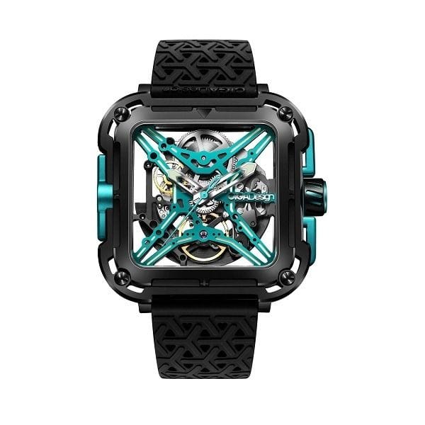 CIGA Design X Series Gorilla Skeleton Automatic Watch, Square Stainless Steel Case, Transparent Skeleton Dial, Sapphire Crystal, Silicone Strap, 30M Water Resistant