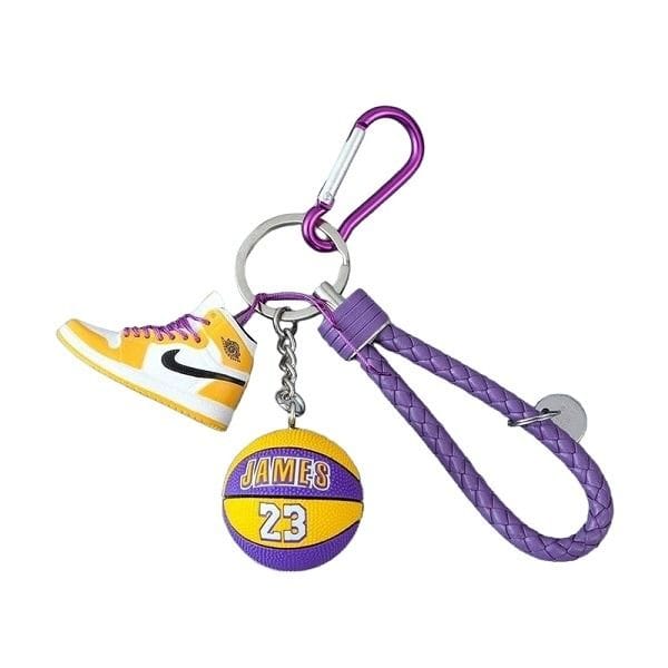 Luxury Signature James Ball Keychain Set, Basketball Ball Keyring, Purple Rope & Yellow Sneaker Charms